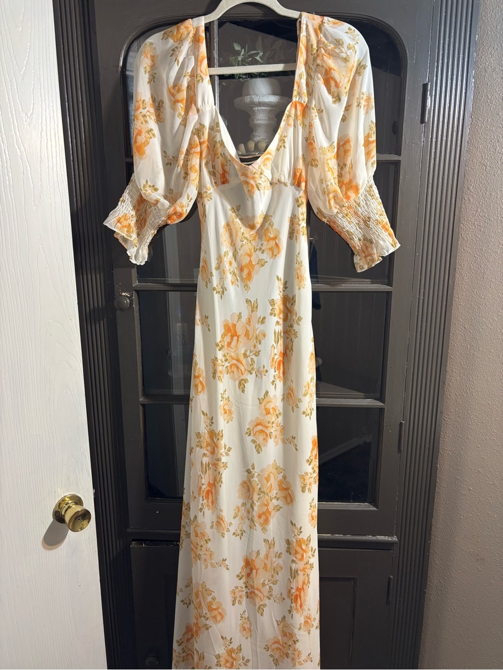 Luxxel Cream Maxi Dress with Yellow Floral Print and Puff Sleeves